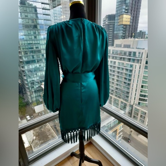 🆕 BRONX & BANCO 🧿 NWOT Monica Long Sleeve Satin Wrap Dress, Fringed Hem - Picture 7 of 16